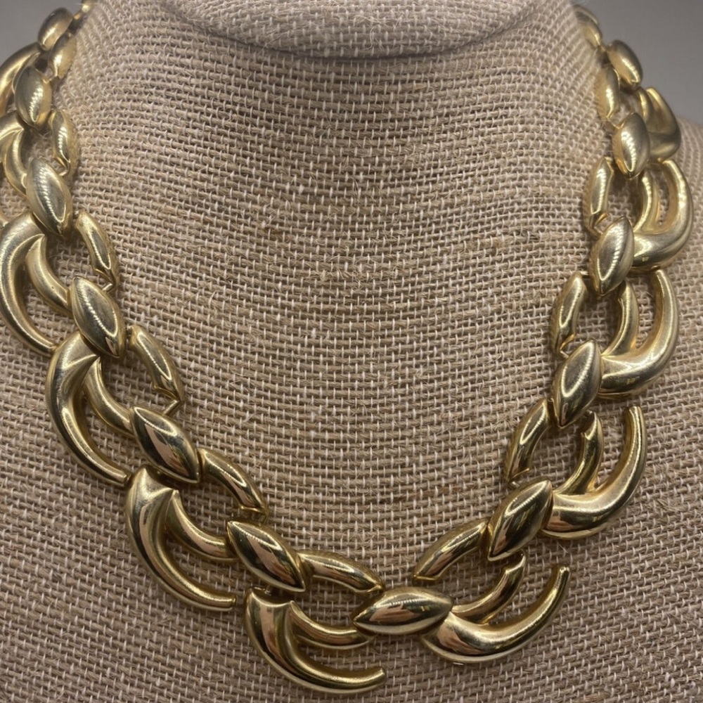 Chunky Gold Tone Abstract Collar Necklace - Designer Signed - Retro 80s